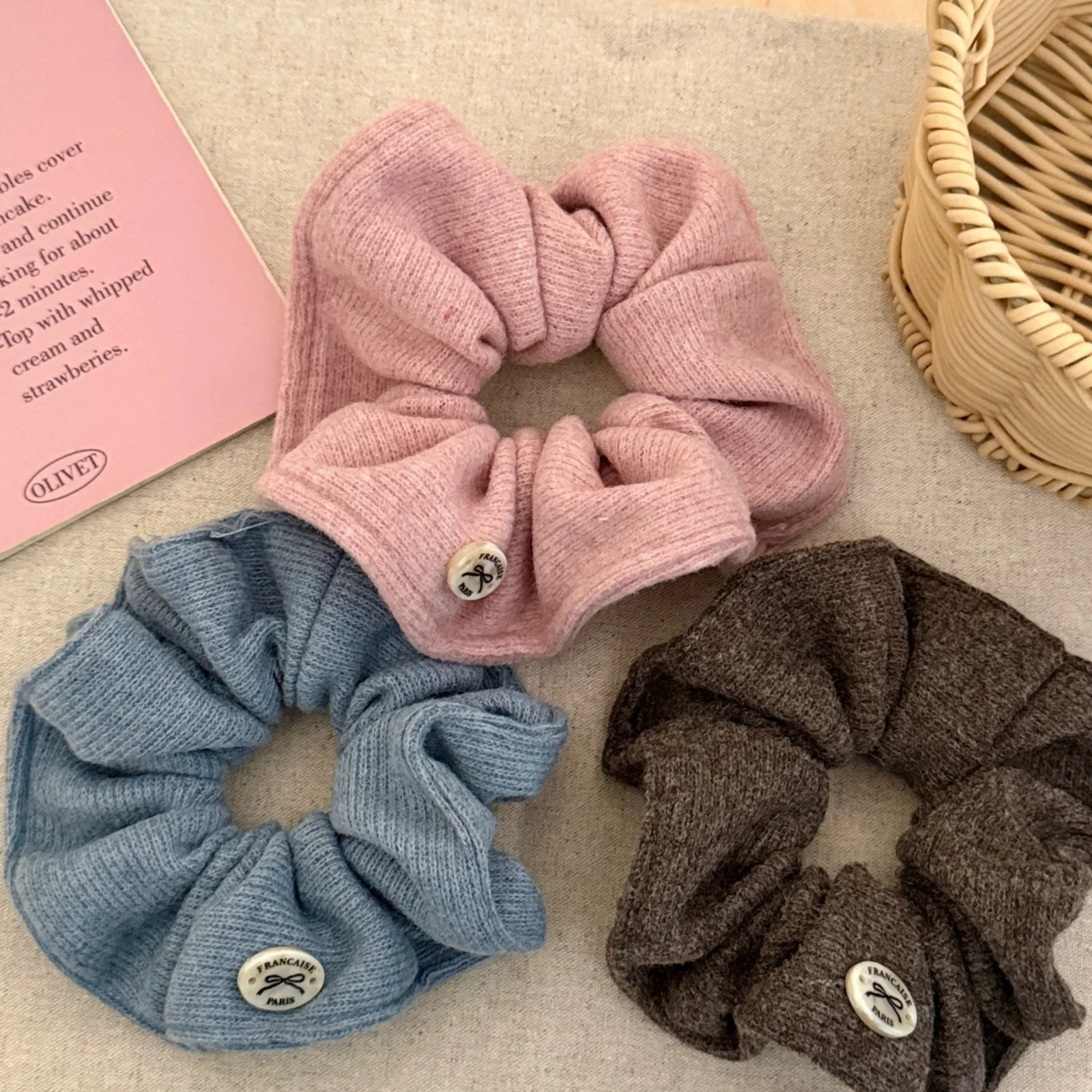 Knitted Scrunchies Set, Autumn Winter Soft Warm Hair Ties, Pink Blue Brown Hair Accessories For Women, French Style