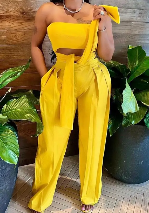 Two Piece Sets Women Outifits 2023 Summer Fashion Bandeau Multi-Way Sleeveless Top & Casual Pocket Design Straight Leg Pants Set 2023 women new casual fashion print halter bandeau sleeveless hem split tops