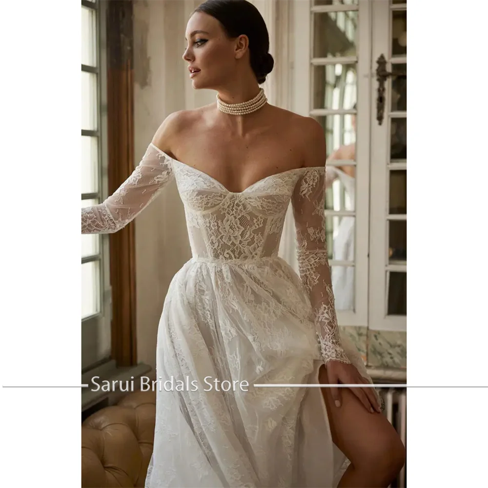 Customized Attractive Lace A Line Bride Wedding Dresses Off The Shoulder Long Sleeves Women Bridal Gowns Vestidos De Novia