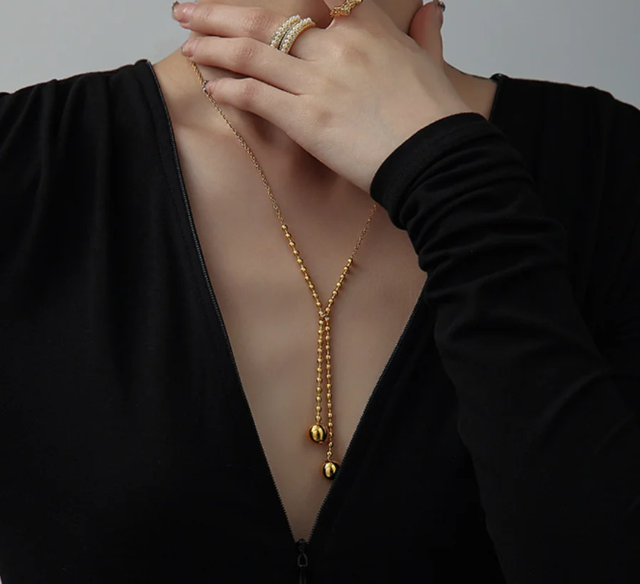 Simple tassel golden ball pendant chain titanium steel necklaces for women 2023 fashion jewelry