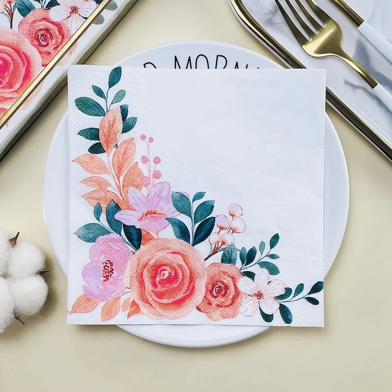 Two-ply Coloured Paper Towels Wedding Wood Pulp Paper Table Disposable NapkinsFlower Printed Napkins Food Grade Cafe Napkins