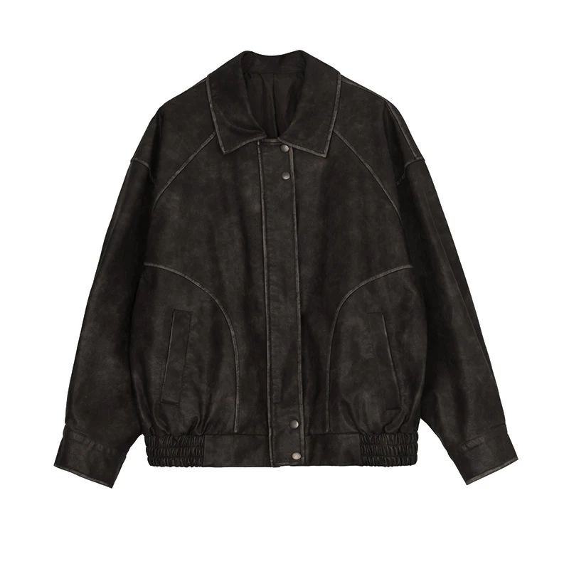 Spring and Autumn Retro Distressed Brown Leather Jacket American Sweet Cool Motorcycle Pu Leather Jacket Short Jacket