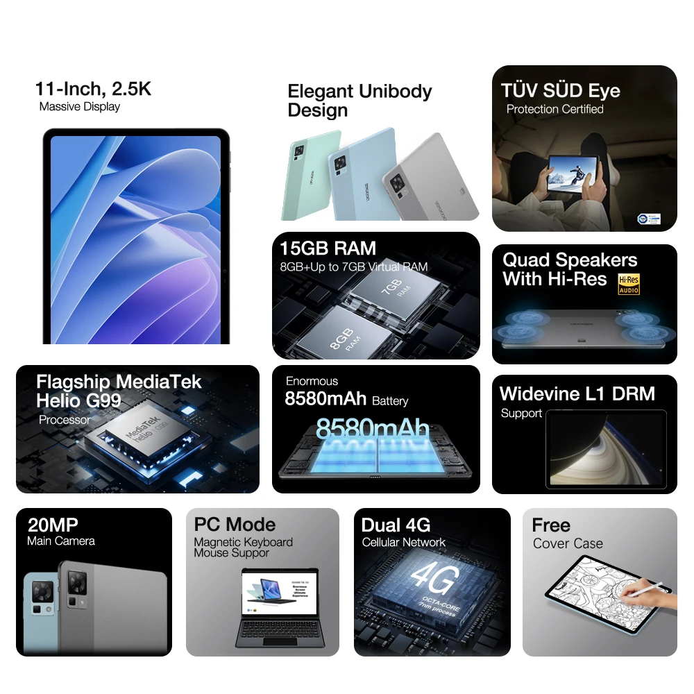Clearance Sale DOOGEE T30 Pro Tablet 8GB 256GB Helio G99 11'' 2.5K Display TÜV SÜD Certified Quad Speaker 20MP Camera 8580mAh 2
