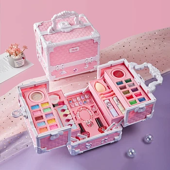 Kids Washable Makeup Kit Girl Safe Real Make Up Set for Toddler Princess Cosmetics Playing Box Birthday Gift Toy