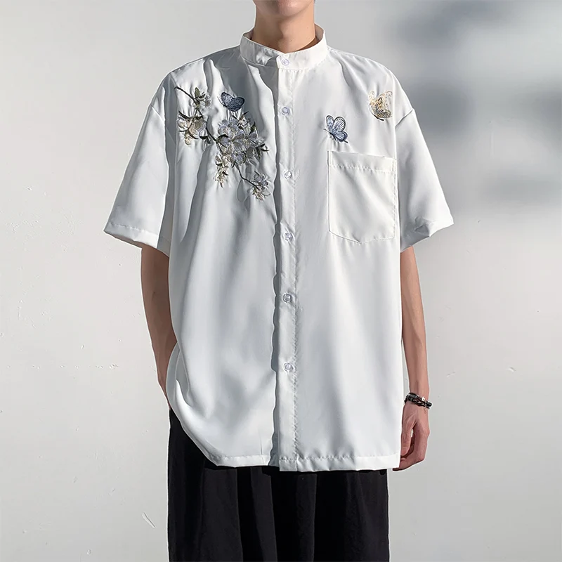 

2024 Summer Minimalist Chinese Style Embroid Lapel Pockets Men's Single Breasted Fashion Casual Short Sleeve Loose Shirt Tops