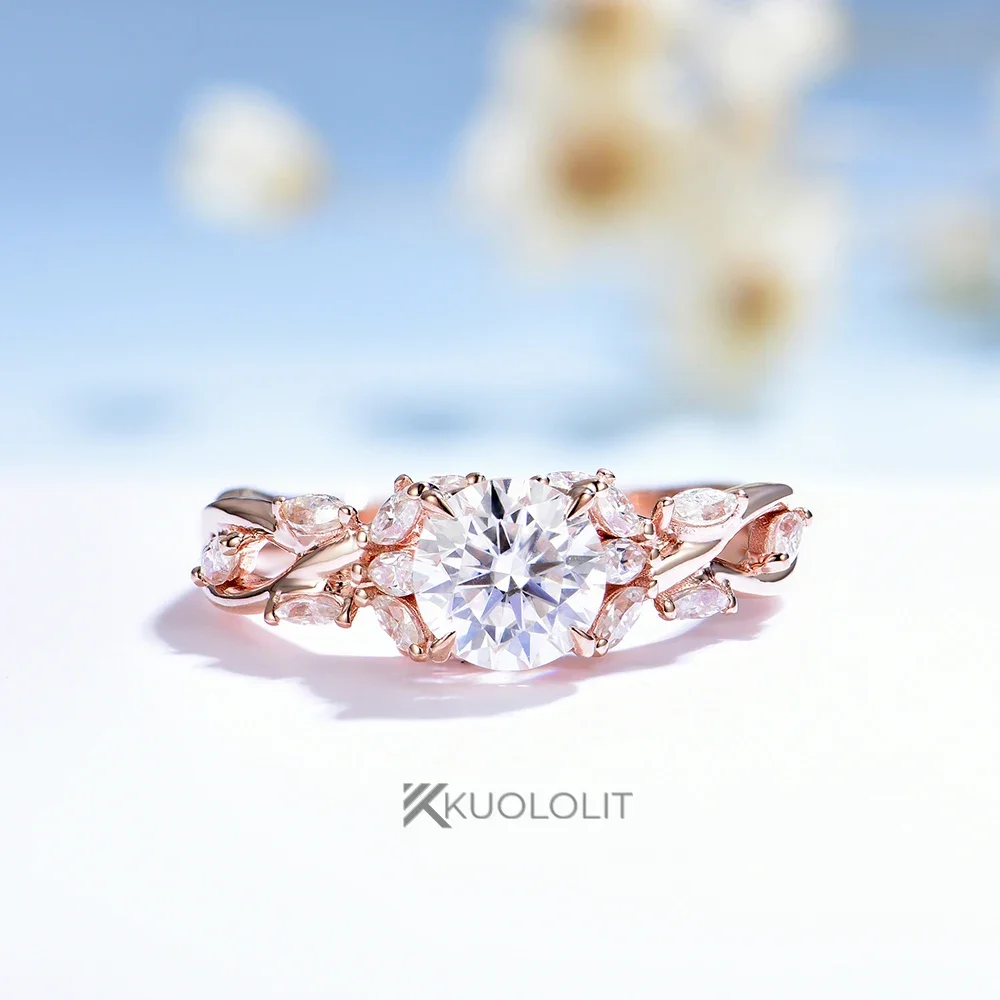 Kuololit Moissanite Ring for Women Soild 18K 14K Round Gold Round 1CT Marquise Branch Ring for Engagement Christmas Gifts