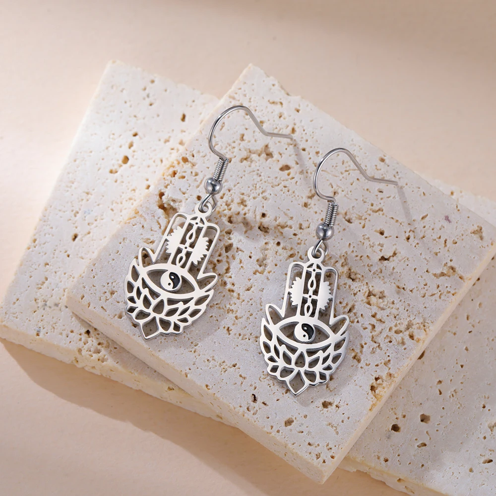 Dawapara Hamsa Hand Ohrringe Hand der Fatima Lotusblume Yin Yang Religiöse Symbole Baumeln Ohrringe Edelstahl Schmuck – Detail 13