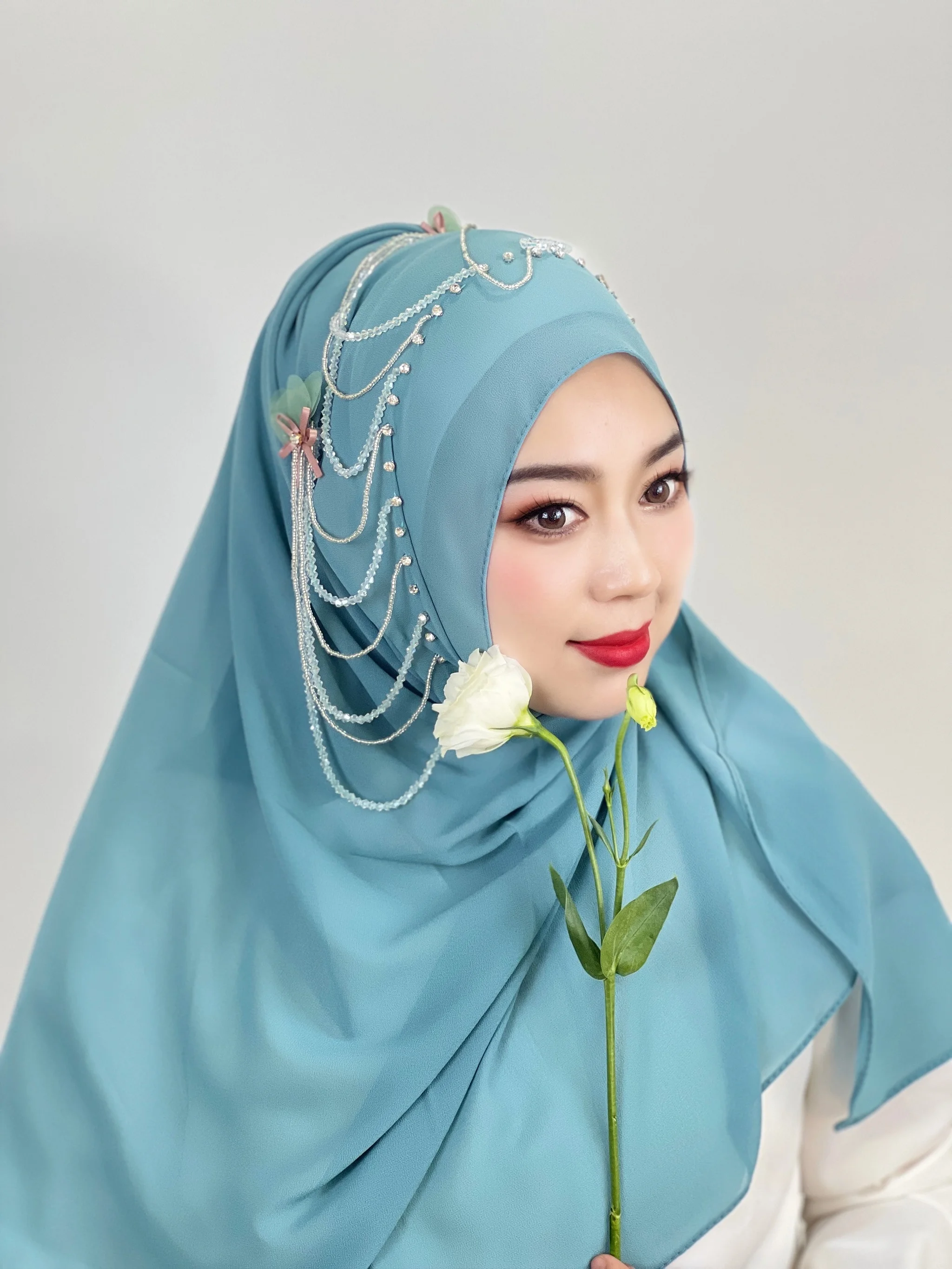 Muslim Beaded Tassel Hijab Solid Color Hijab Flower Arab Hijab Women Hijab Shiny Soft Easy To Wear Hijab Turkish Head Wrap Scarf