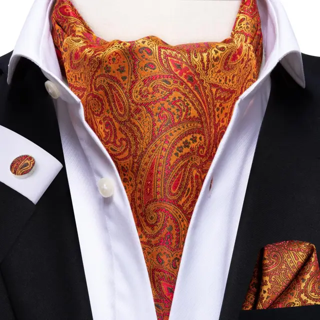 Hi-Tie Silk Men's Ascot Tie Pocket Square Cufflinks Set Cravat Ascots Scrunch Self British Style Gentleman Dress Scarves Party AS-1010
