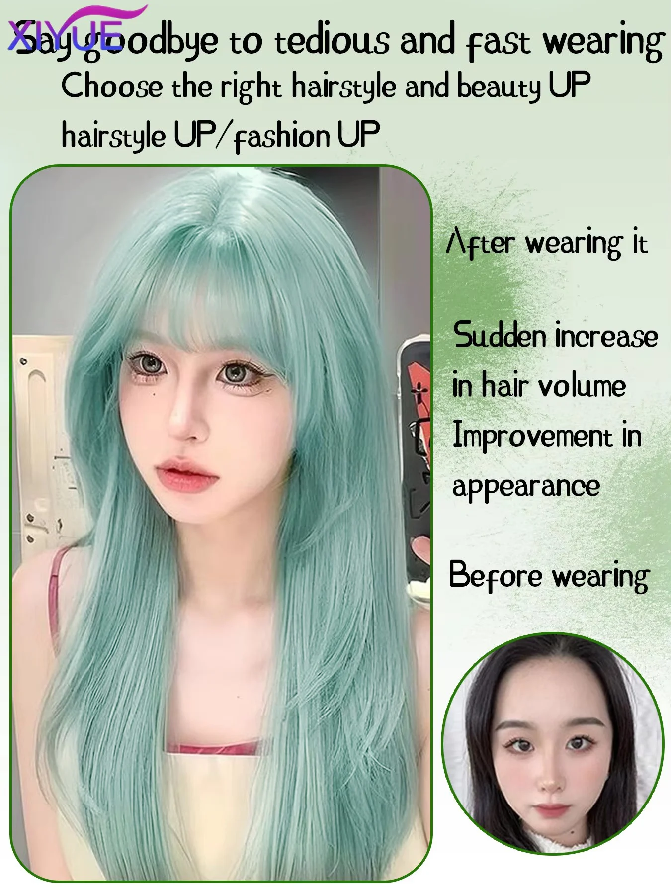 Xiyuelight-女性用のフリンジ付きの長い波状の合成かつら,黒の