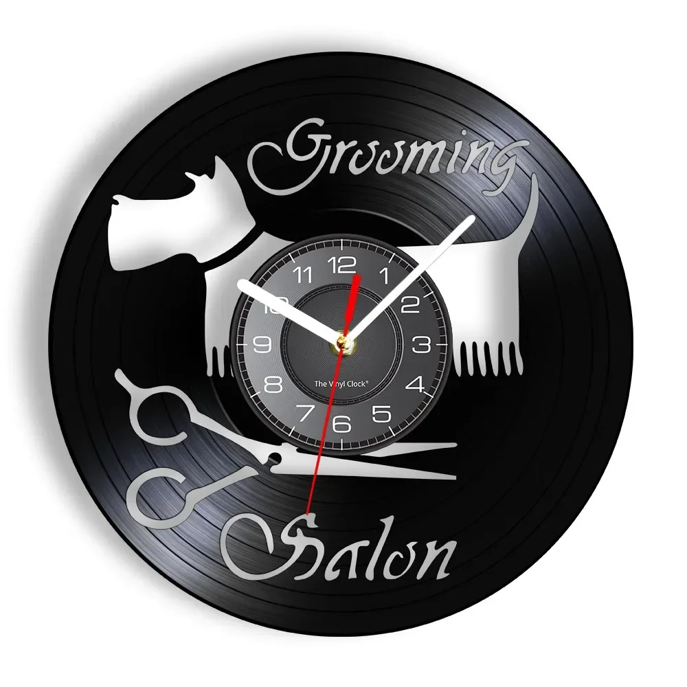 

Groomer Scissor Home Decor Wall Clock Pet Grooming Vinyl Record Clock Wall Watch Puppy Shop Salon Wall Sign Vintage Art Clock