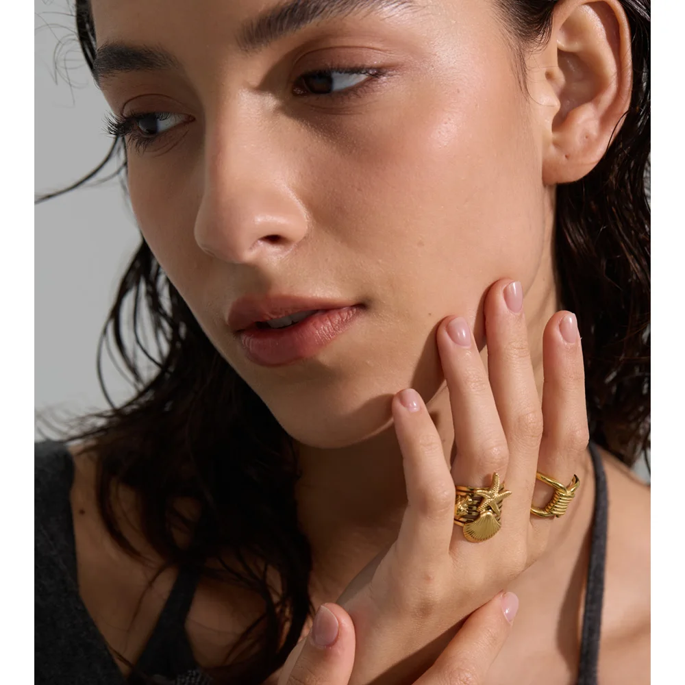 Yhpup Shell Conch Starfish Layered Open Ring for Women