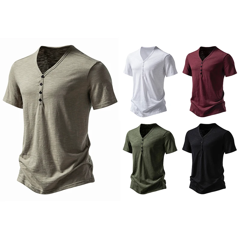 

New Single Row Four Button Men's V-neck T-shirt Bamboo Short Sleeved Tshirt
