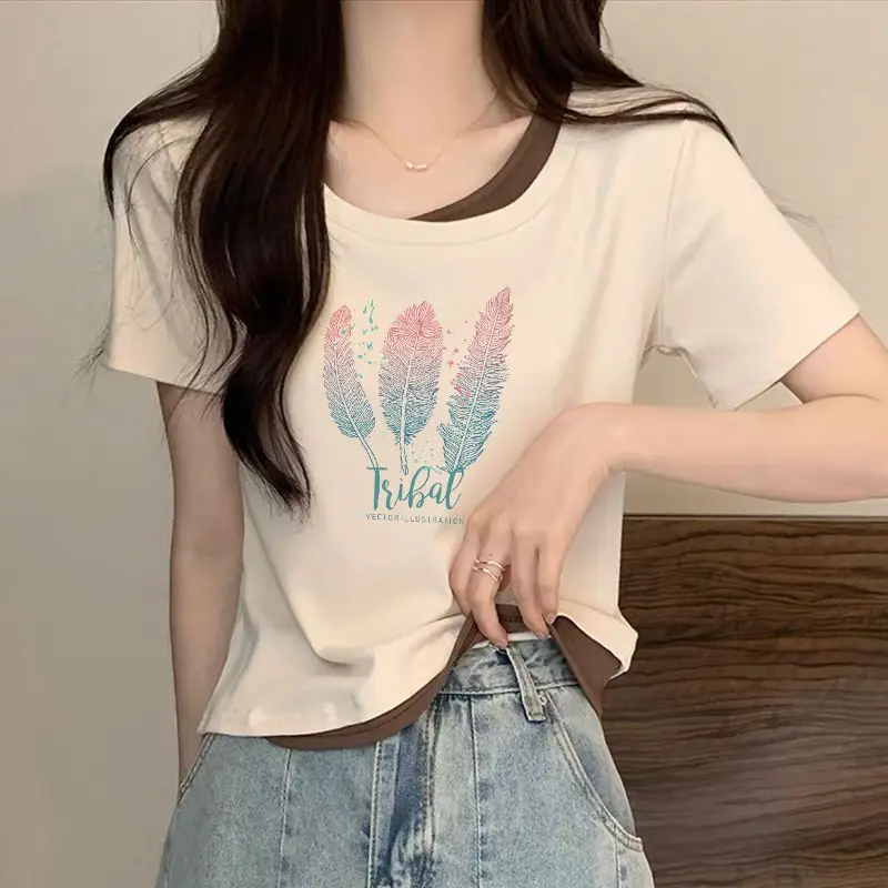 

New Women's 2024 Summer Pullover O-Neck Patchwork Printed Letter Solid Color Fashion Elegant Casual Short Sleeved T-Shirts Tops