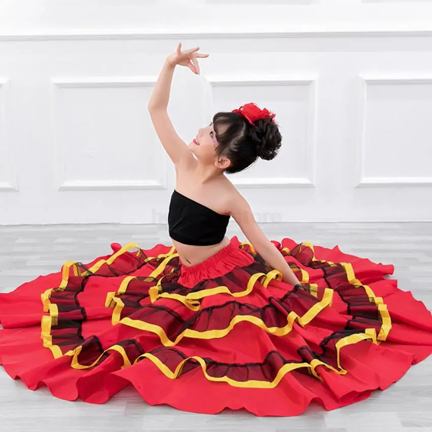 Kids Flamenco Skirt Spanish Traditional Dance Dress Gypsy Style Stage Performance Costume Belly Dance Costume