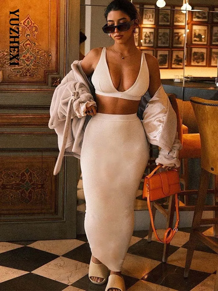 

YUZHEXI V бюстгальтер майка + юбка-карандаш комплект из двух предметов для женщин Элегантный ребристый вязаный облегающий Повседневный офисный костюм Лето весенние комплекты