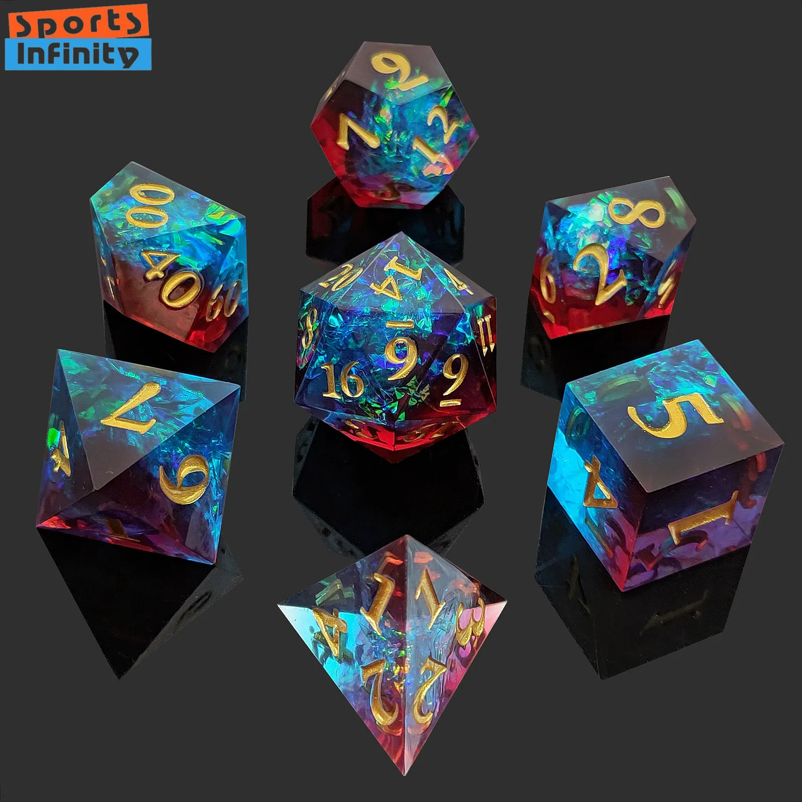 7Pcs Set Beautiful Black Gold Resin Dice for DND TPG TRPG Board Game COC Running Team Cthulhu Polyhedral Dice Number Kit