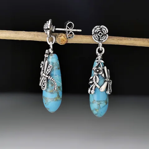 Creative Flower Dragonfly Earrings for Women Boho Dragon Crystal Turquoise Stone Earrings Female Party Jewelry Brincos