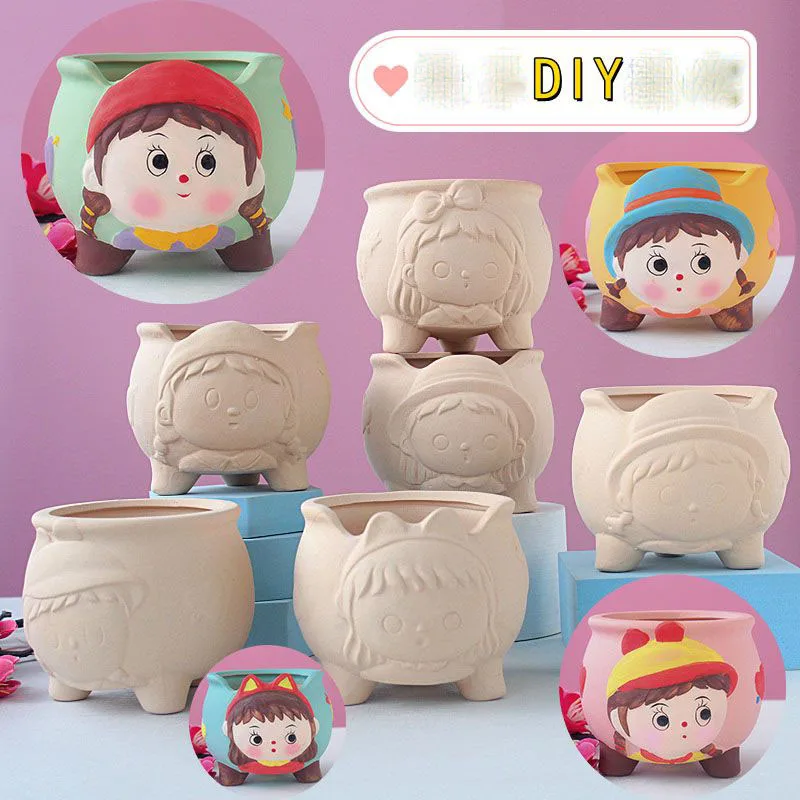 Creative DIY Coloring Embossed Animal Painting Multi Meat Flower Pot Cartoon Girl Ceramic Children's Graffiti Flower Pot ZD837