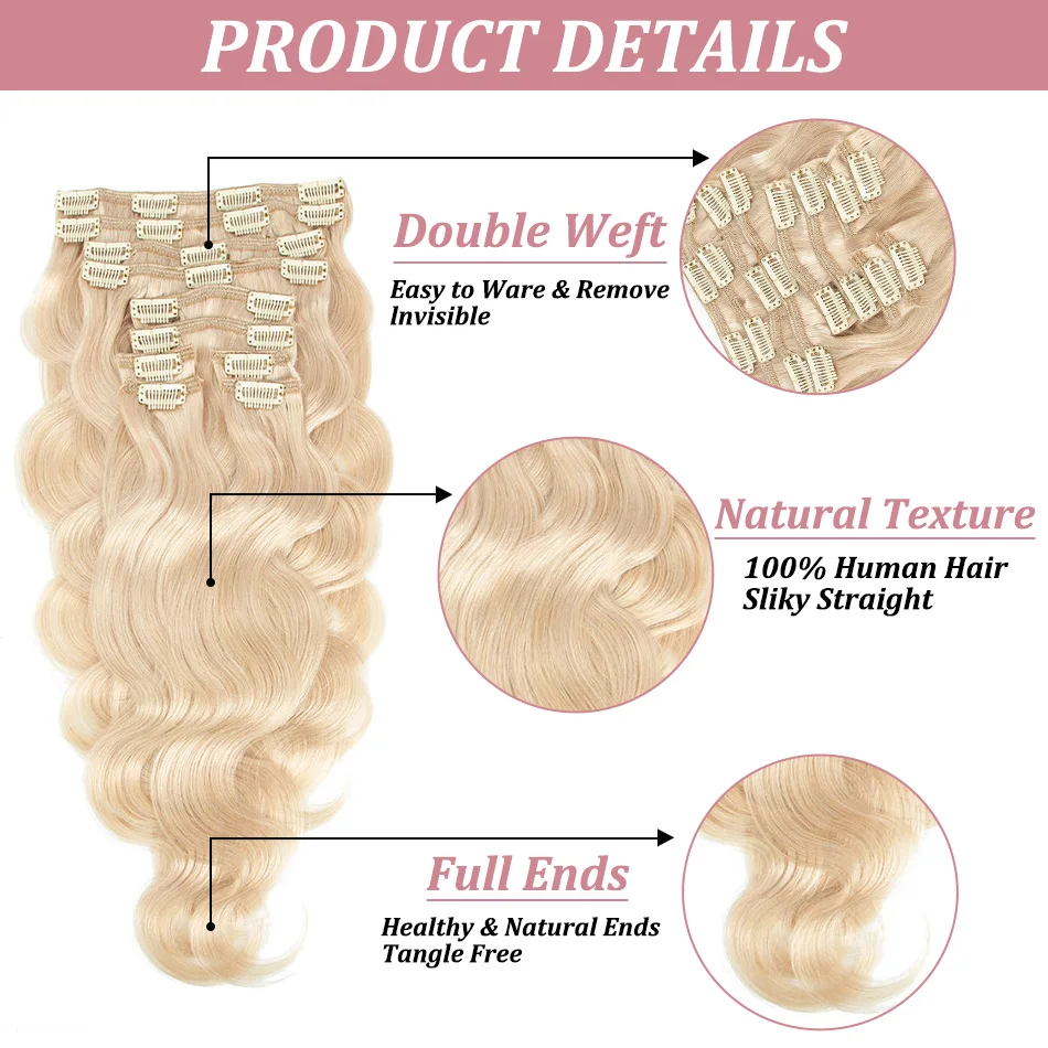 Body Wave 10Pcs Clip In Human Hair Extensions Brazilian 100% Remy Human Hair Clip Ins Hair Extension For Women Full Head Clips