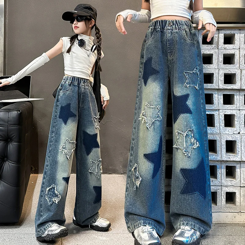 용수철 키즈 레트로 블루 청바지, 별 달린 루즈한 청바지 바지, 미국 어린이 하이 웨이스트 슬림 데님 바지, 신제품