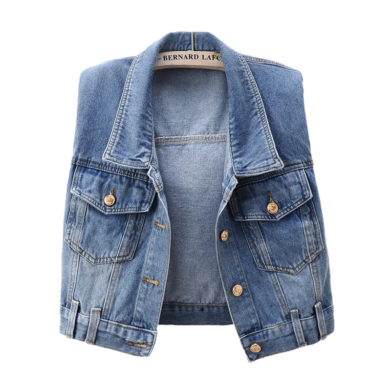 

Винтажный синий короткий джинсовый жилет, женский жилет, свободная Студенческая ковбойская куртка без рукавов, пальто, корейская Джинсовая безрукавка с большими карманами для женщин