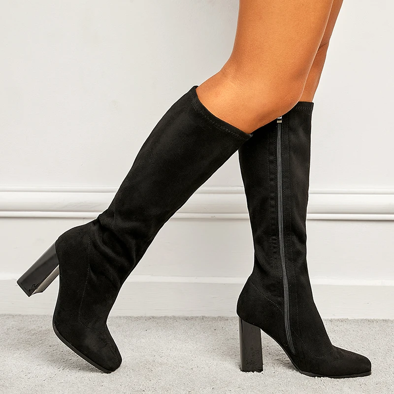 Winter Pointed Zipper Suede Thick High Heels Women's Boots Shoes Long Tube Black Sexy Gladiator Shoes Size 35-42 Knee High Boots