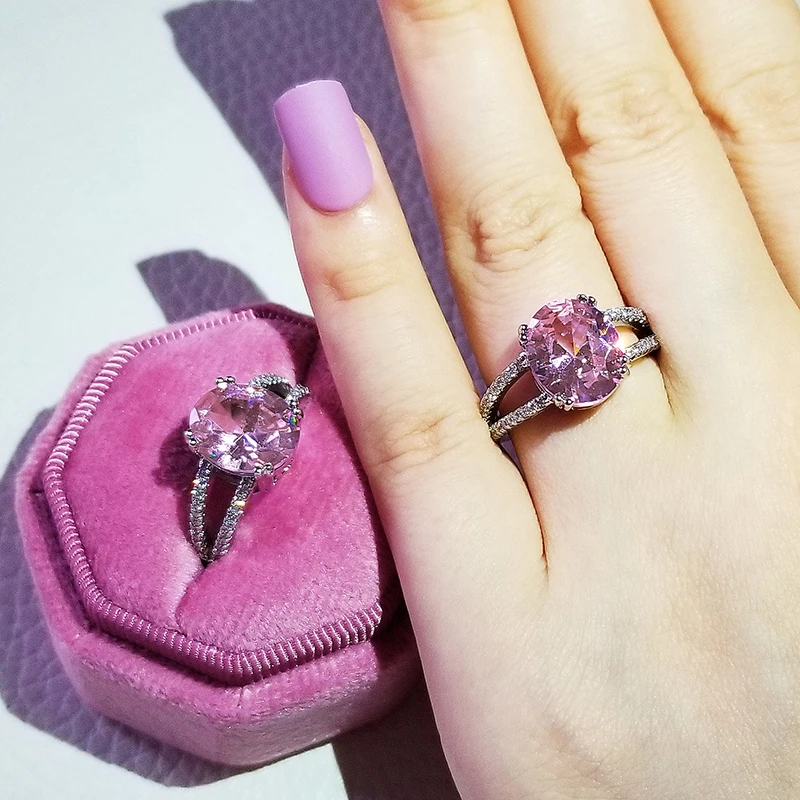 Luxury Oval Pink Silver Color Rings For Women Wedding Engagement Finger Jewelry Unique Personalized Gift R4588 silver ring wedding rings silver rings