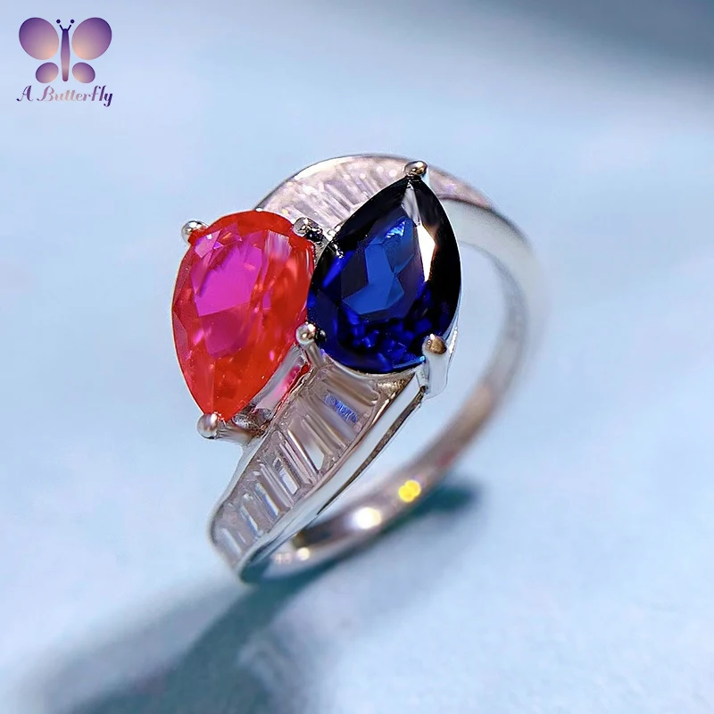 

AButterfly 925 Sterling Silver 6*9MM Color Simulation Red Sapphire Double Stone Women's Ring Fine Jewelry