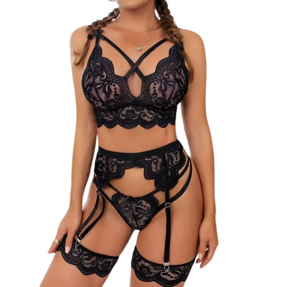 

3Pcs Cross Straps Bowknot Decor Bra Thong Garter Set Lady See-through Hollow Embroidery Sexy Lace Brassiere Briefs Corset Set