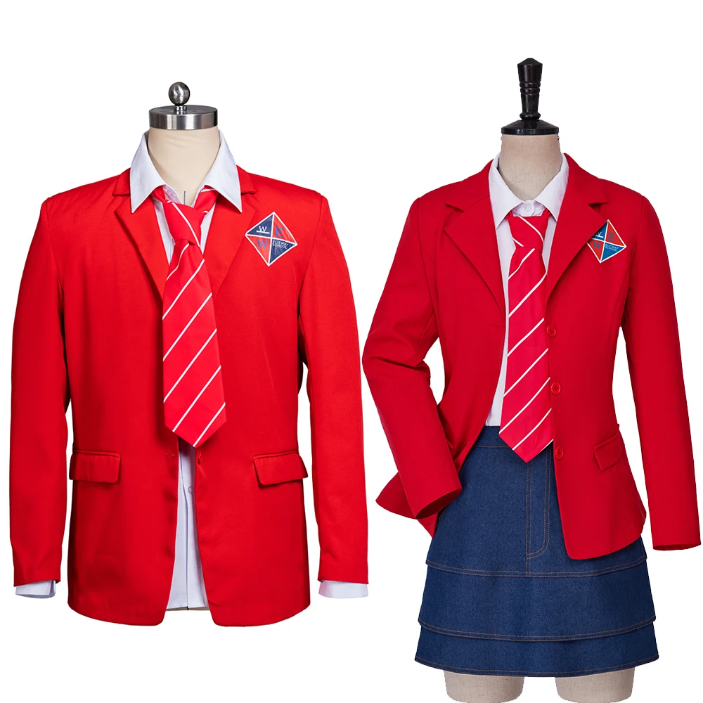 

TV Series Rebelde Men's School Uniform Cosplay Costume Women's Red Jacket Shirt Suit EWS Halloween Carnival Outfit with Tie