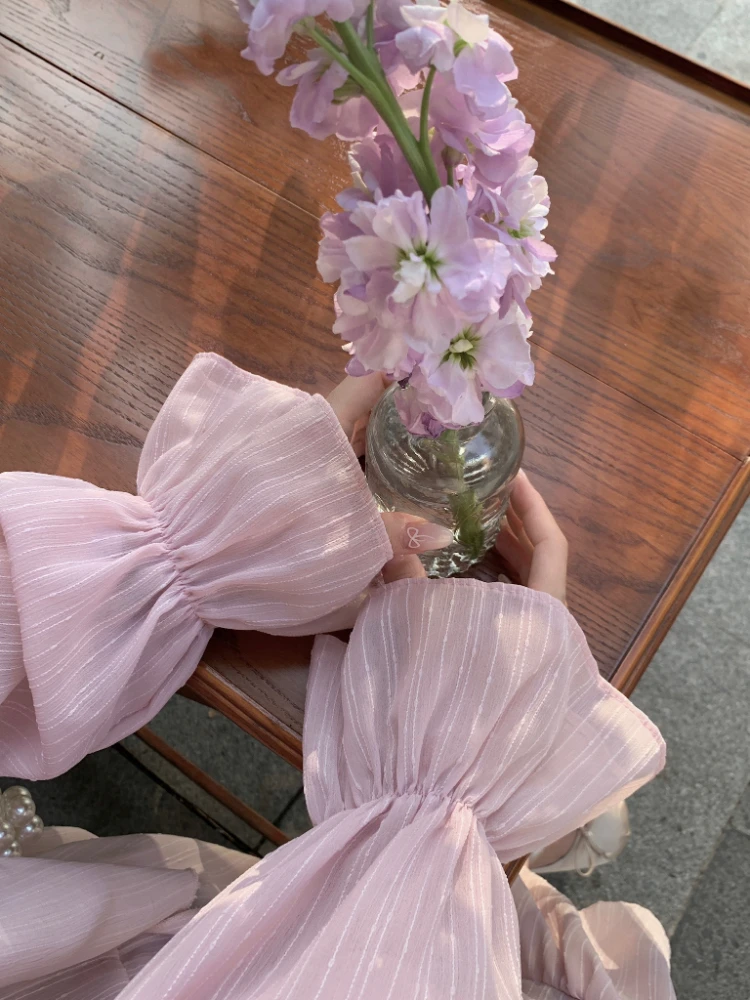 Elegant Autumn Midi Dresses for Women V-neck Flare Sleeves A-line Solid Korean Fashion Casual French Vintage Vestidos Mujer New