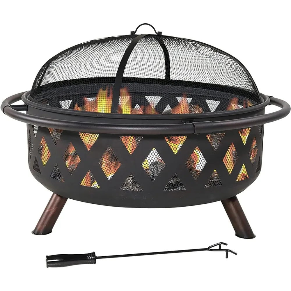 

Sunnydaze Black Crossweave Heavy-Duty Steel Outdoor Fire Pit - Includes Spark Screen, Poker and Cover - 36-Inch Round