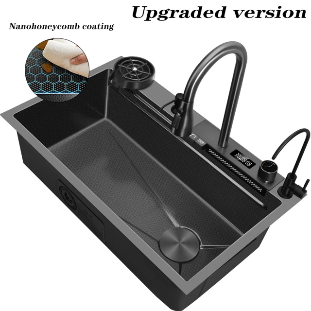 อ่างล้างจานอัจฉริยะ Gunmetal สีเทาสแตนเลสน้ําตกพร้อมก๊อกน้ํา Sprayhead 1 Bowl Drop Workstation พร้อมจอแสดงผล LED TEMP 3