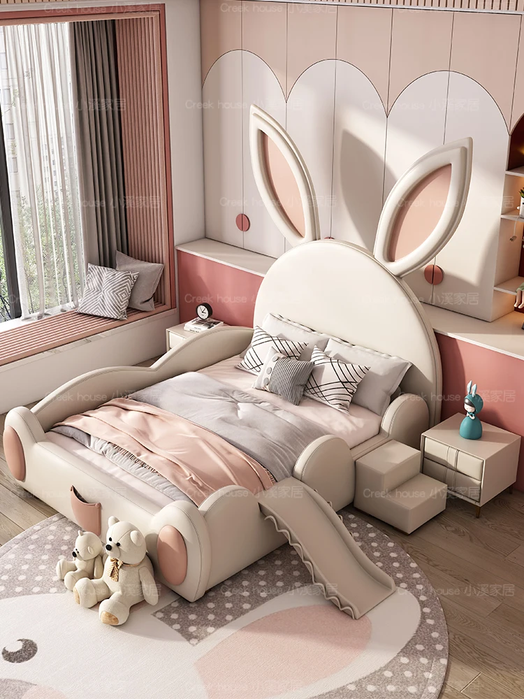 

Kids Girls Princess Bed Pink Girls Single Bed Teen Cartoon Bunny Bed Multi-functional bed with guardrail