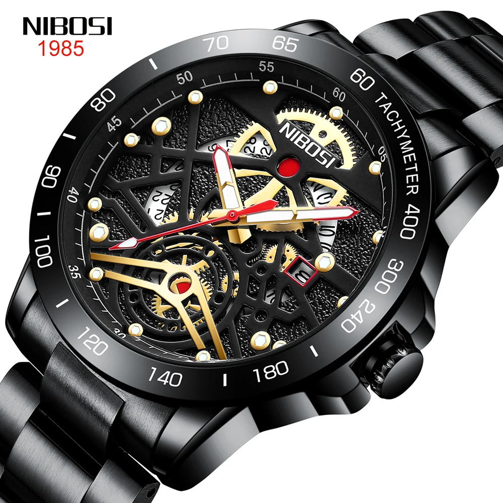 NIBOSI Sports Men Quartz Watch Stainless Steel Waterproof Luminous Calendar Mens Watches Top Brand Luxury Fashion Wristwatches