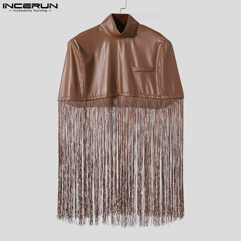 Handsome Well Fitting Tops INCERUN New Men Solid PU Leather Long Tassel Design Trench Casual Male Personality Cropped Cape S-3XL
