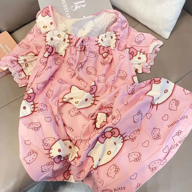 

Japan Cute Girl Short Sleeve Pajamas Kawaii Sanrio Hello Kitty Anime Women Mid Length Dress Pajamas Summer Thin Homewear