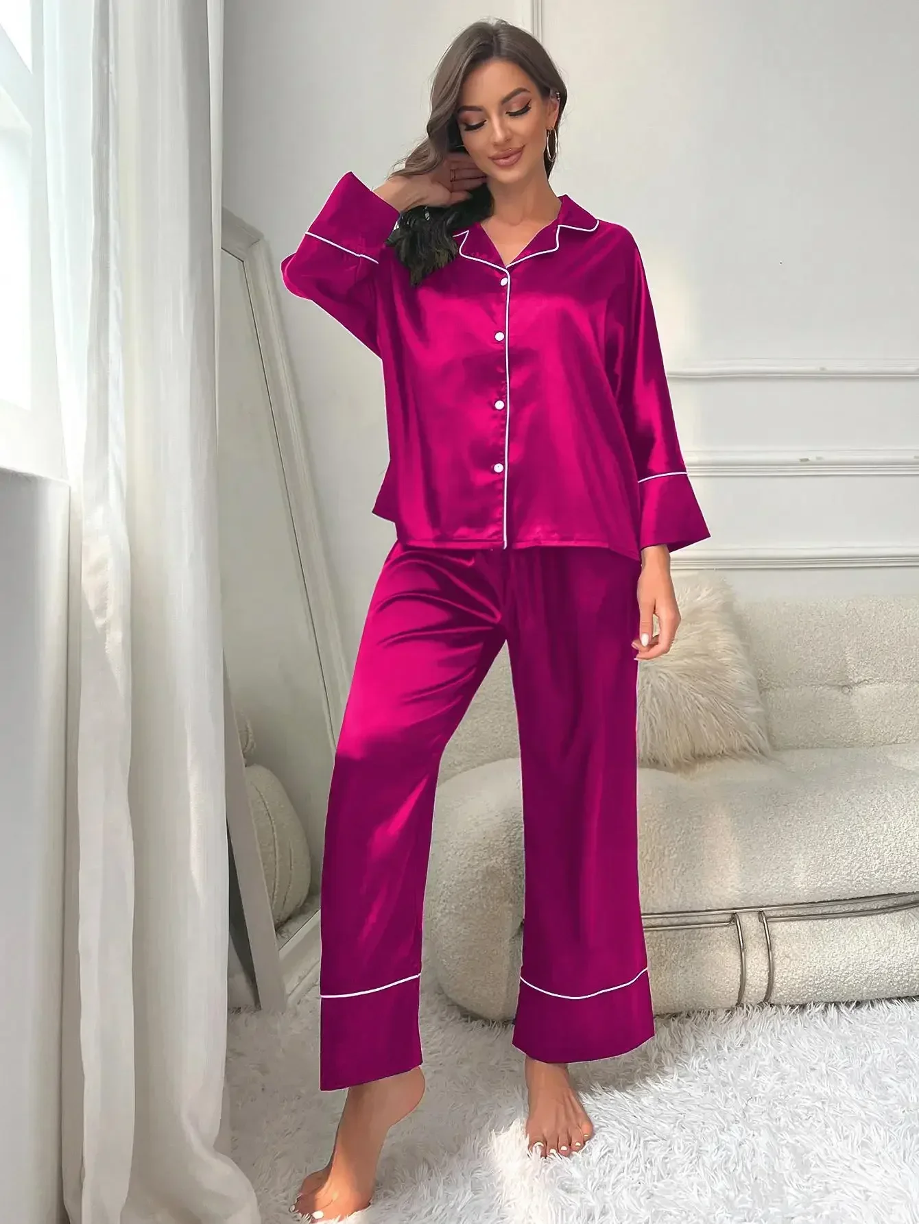 Women's Satin Long Sleeve Pajama Set - Luxurious Sleepwear & Loungewear