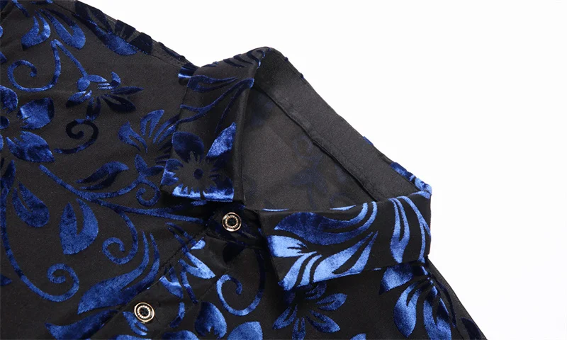 Men Red Long Sleeve Slim Fit Transparent Shirt Flower Print Velvet Shirt Club Party