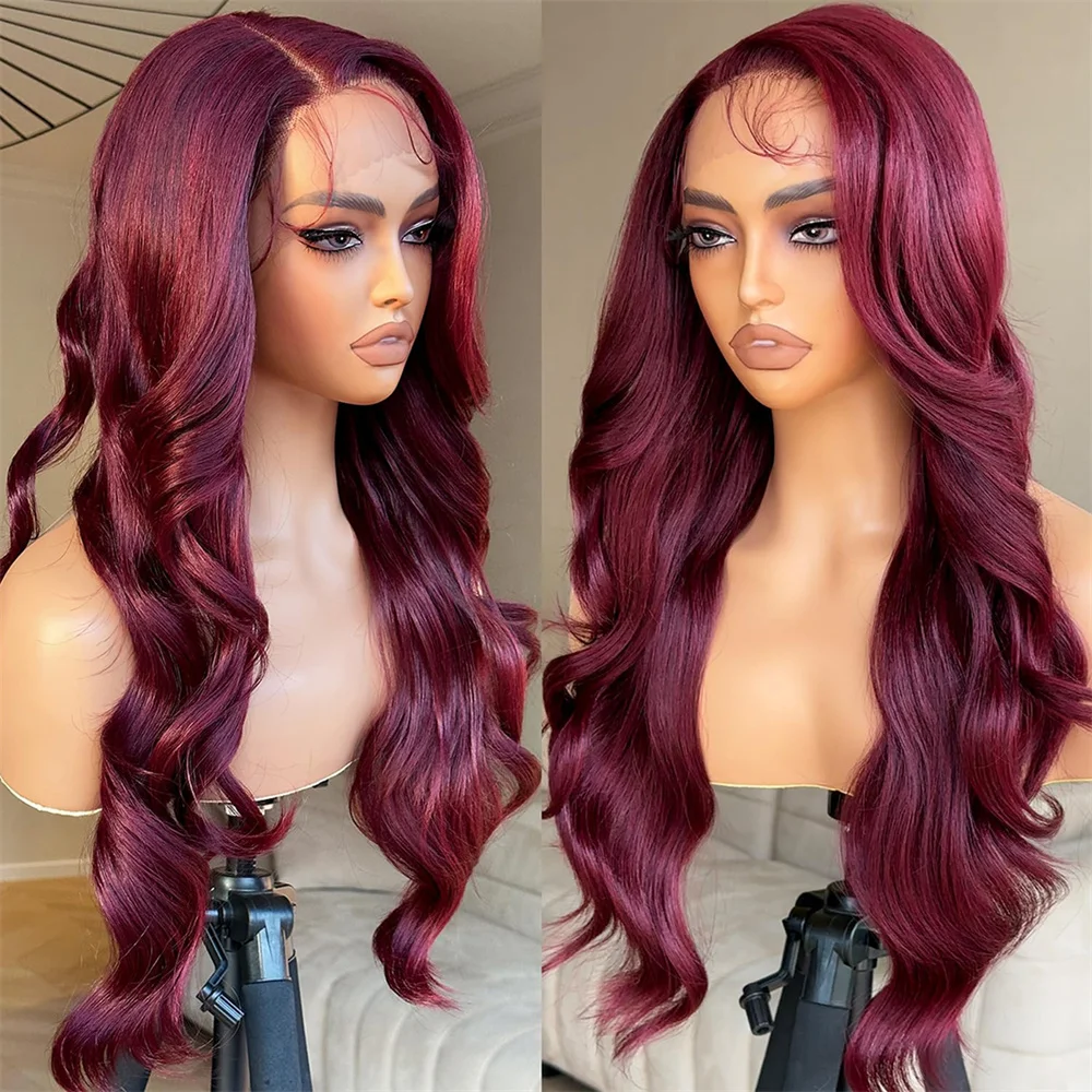 Long Synthetic Body Wavy Wine Red Wig, Burgundy Glueless 13X5X1 Lace Wig For Women, 24 Inches, Daily Party Halloween Cosplay