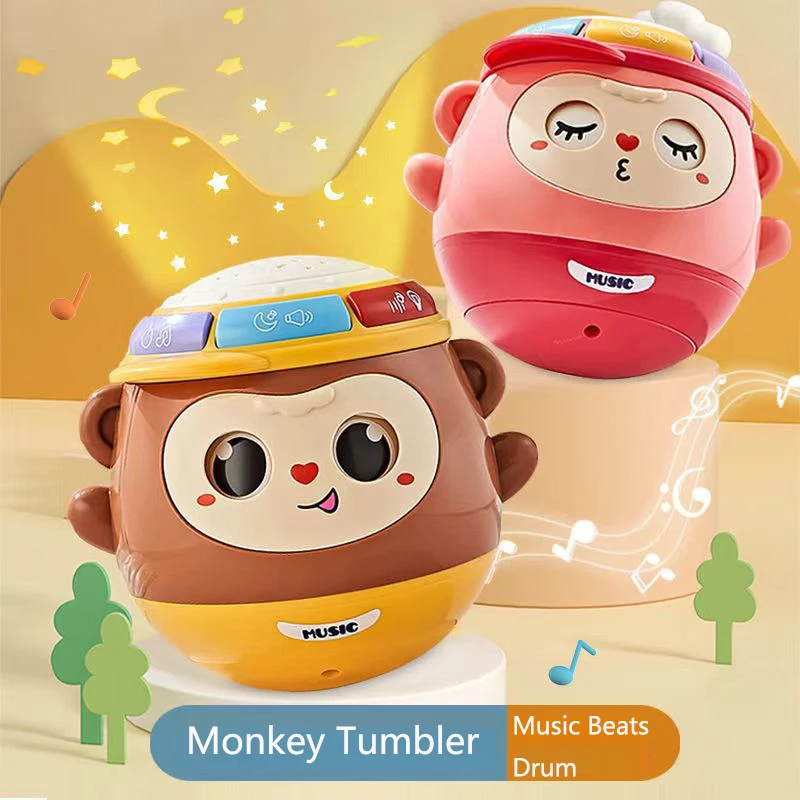 Kids Music Toys 5 in 1 Monkey Tumbler Toy Star Projector Lamp Music Beats Drum Early Educational For 0-12 Months
