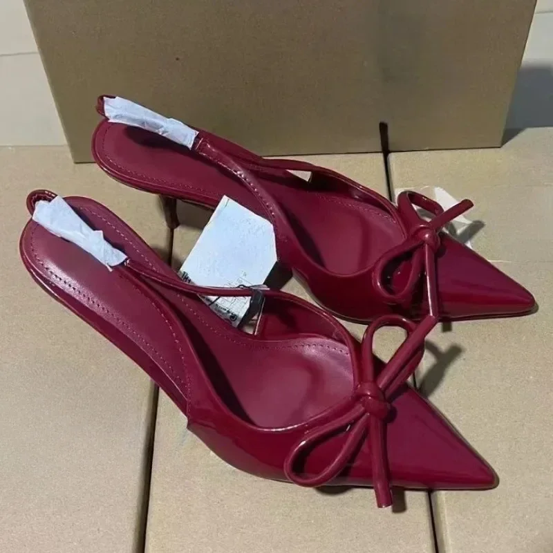 Women Bow Pointed Toe High Heels Sandals Slingback Shoes Mules Sandals
