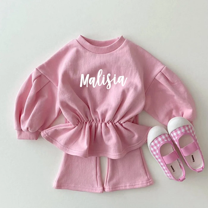 

Boutique Fall Season Outfits Baby Girls Clothes Set Customized Name Embroidery Clothes Many Colour Bodysuit Long Sleeve Sets