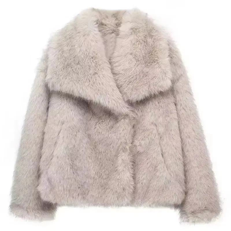 HH Women Elegant Faux Fur Coat Warm Fluffy Loose Long Sleeve Lapel Jacket Autumn Winter Fashion High Street Lady Outerwear