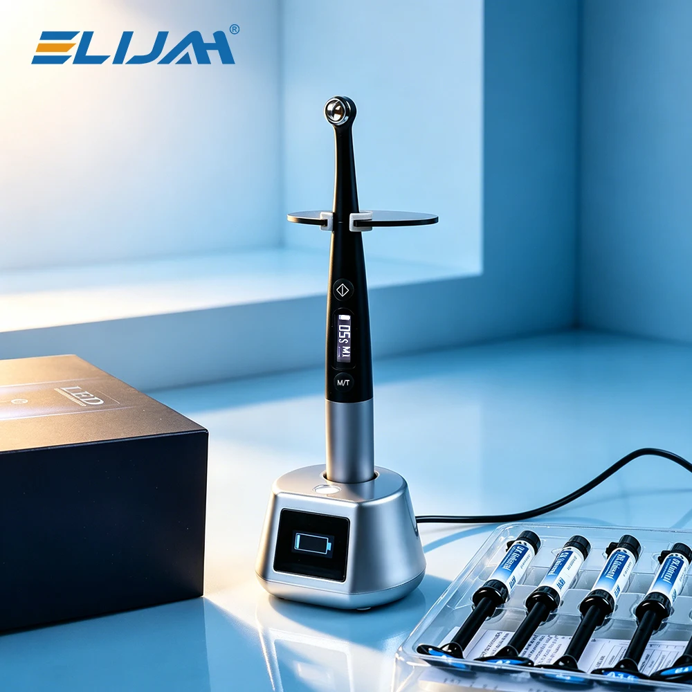 ELIJAH Kabelloses Dental-Polymerisationsgerät 3100mW/cm² 1 Sek. LED Blaulicht-Polymerisationslampe 7 Modi 10W Hochleistungs-Zahnmedizinisches Gerät
