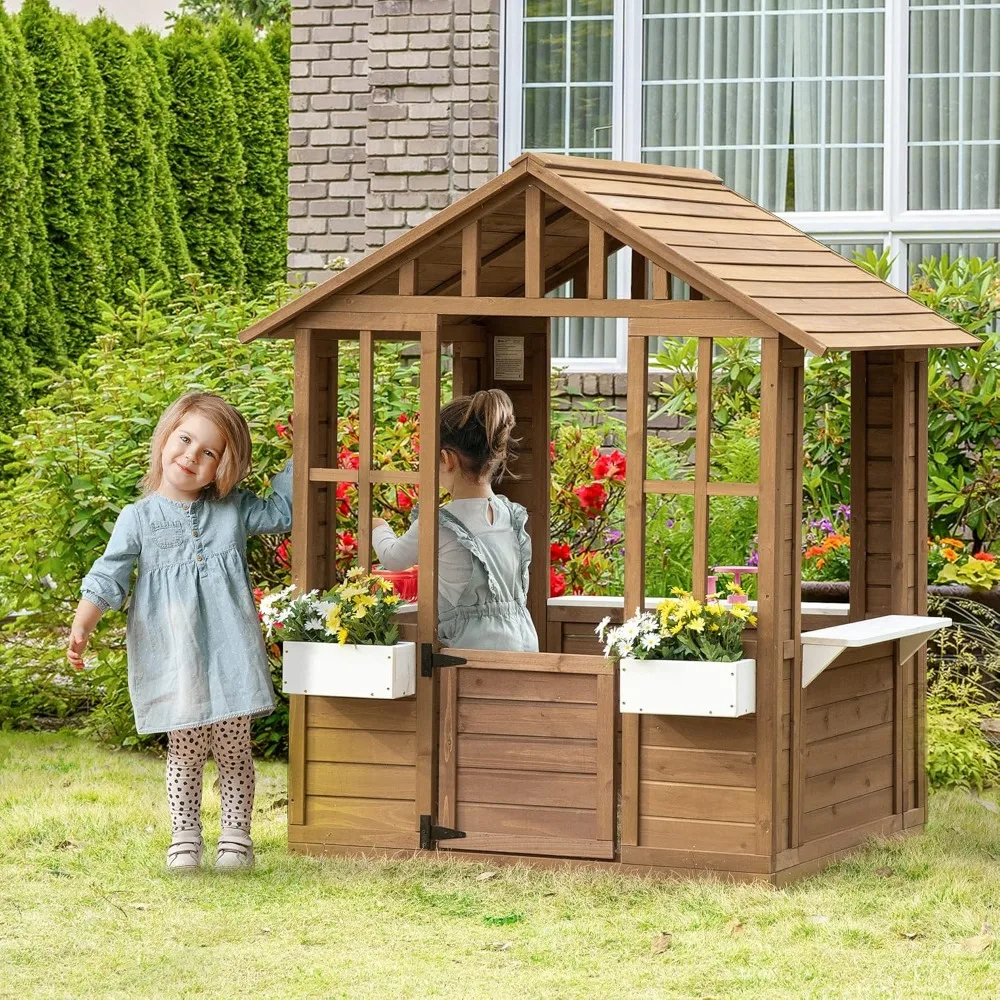 Description Picture 2 of itemKids Wooden Playhouse, Outdoor Garden Games Cottage, with Working Door, Windows, Flowers Pot Holder, 47" x 38" x 54"