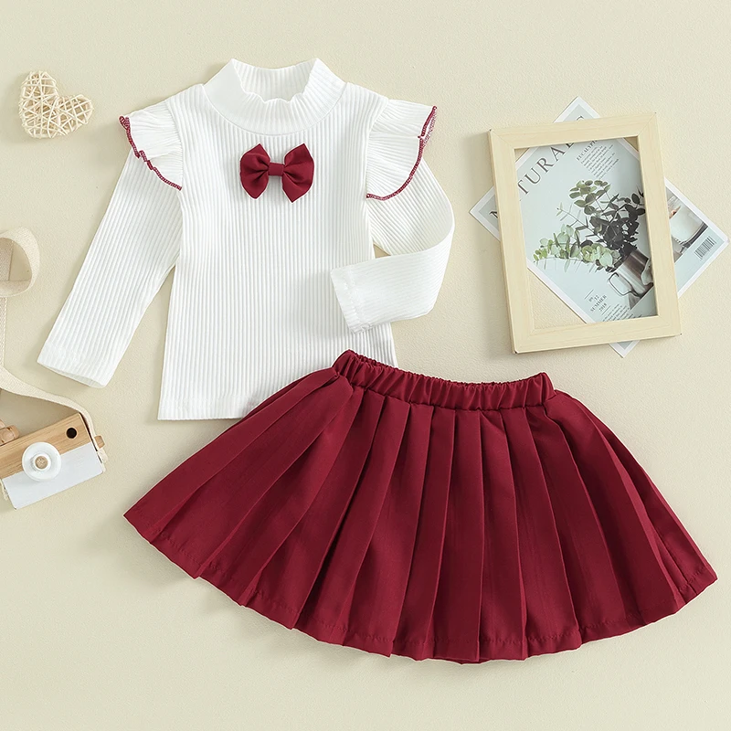 

2023-10-05 Lioraitiin 0-5Y Fashion Kids Girl Clothes Sets Bowknot Ruffles Collar Long Fly Sleeve Ribbed Tops and Pleated Skirts