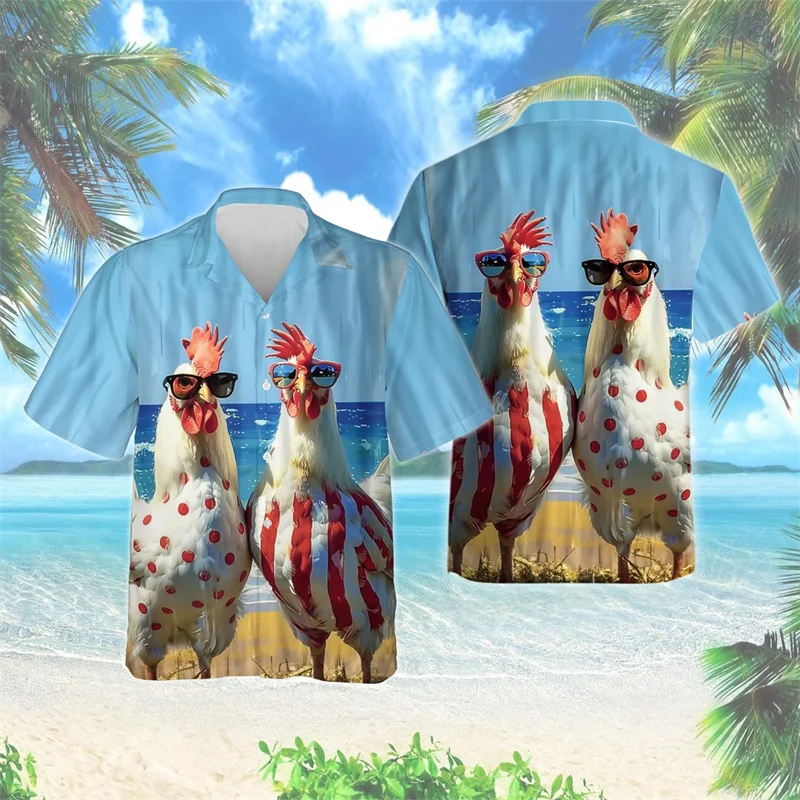 thumbnail image 1 of Camisa hawaiana con estampado 3D de gallo de dibujos animados para hombre, divertidas camisas Aloha con estampado de animales, blusas de calle unisex, blusas con solapa, mangas cortas, 1 of 5