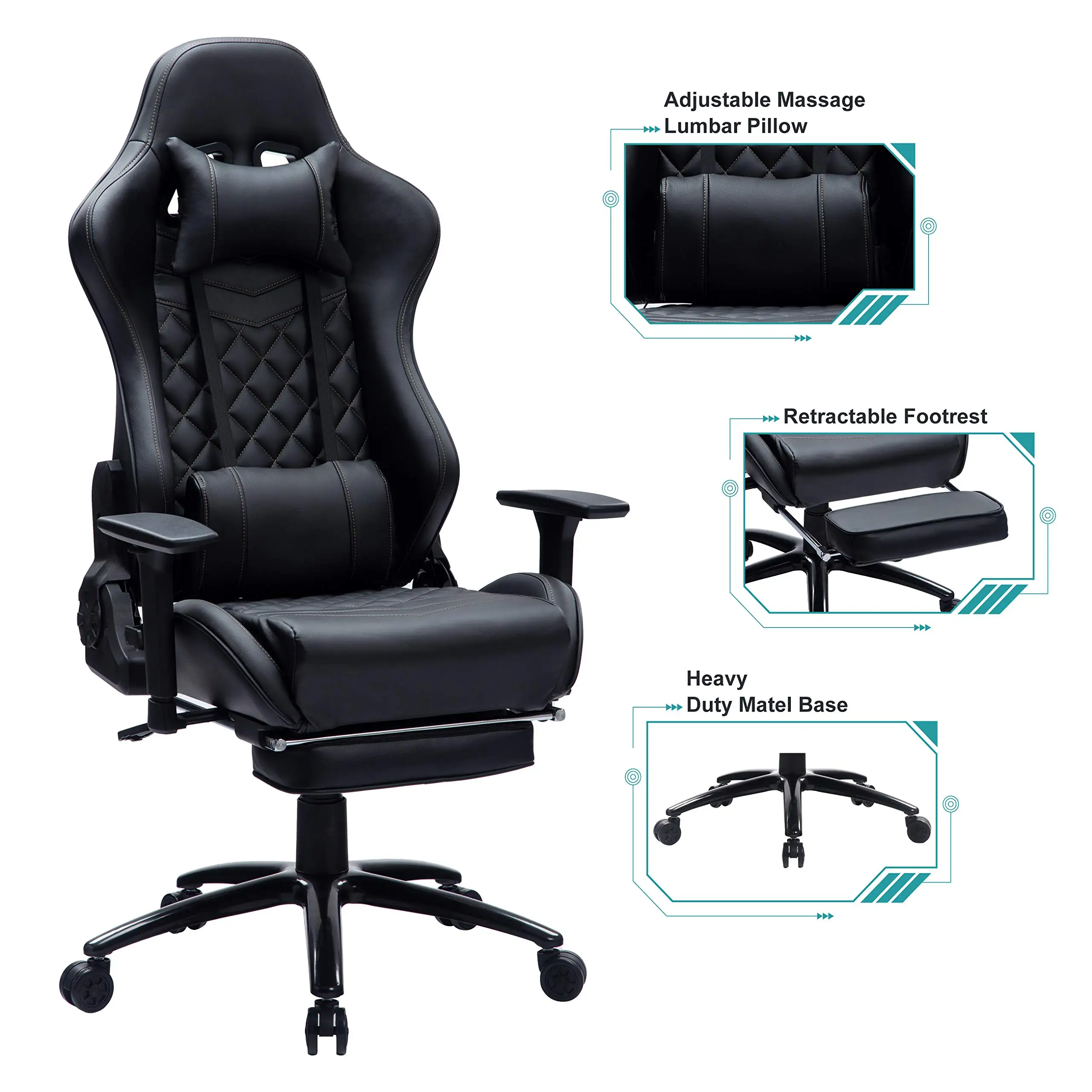 Heavy Duty Gaming Chair with Footrest and MassageHigh Back Racing Computer Chair with Adjustable Linked Armrest, PU Leather